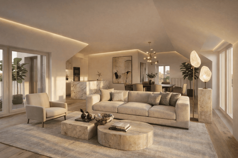 living room: beige sofa, marble center table, beige armchair, chandelier, white walls, beige carpet, large windows