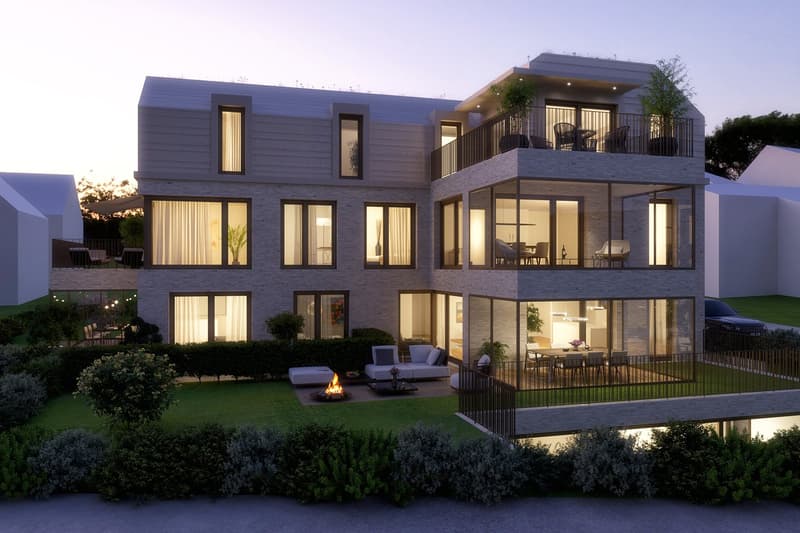 A modern two-story house with glass windows, several balconies, firepit, and a car parked outside