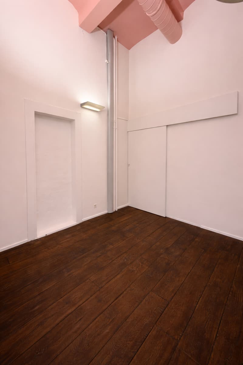 empty room, hardwood floors, pink painted ceiling, recessed lighting, two large doors