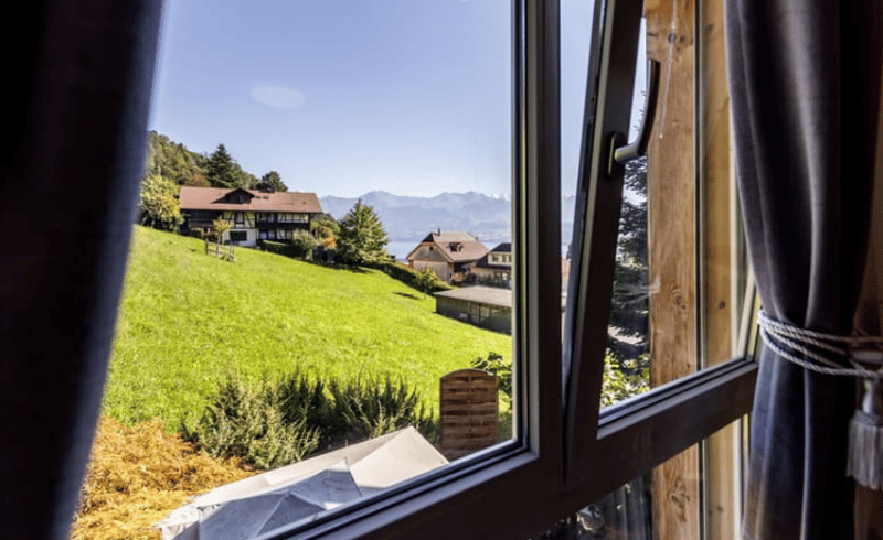 Aerial view from a house window of a large green lawn with trees, mountains, and a lake in the distance.