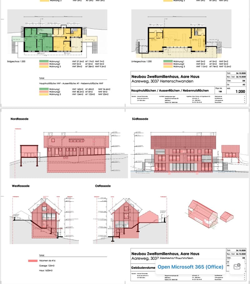 Floor plan of a two-family house with three residential units, ground floor and first floor, showing room sizes and layouts.