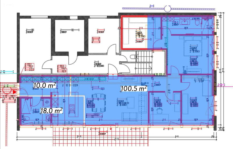Main entrance, multiple rooms labeled, central hallway, areas marked 10.0 m², 18.0 m², 100.5 m², basement level indicated