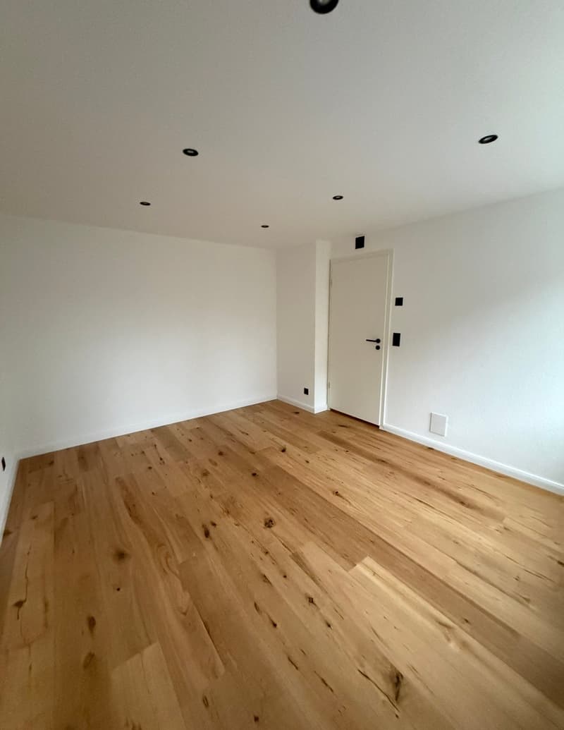 empty room, white walls, wooden floor, white door, recessed lighting