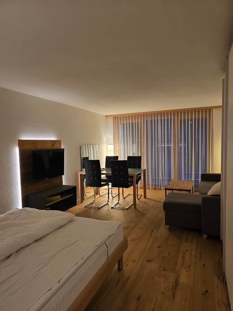 Bedroom with bed, TV, dining table, chairs, couch, side table, curtains, wooden floor