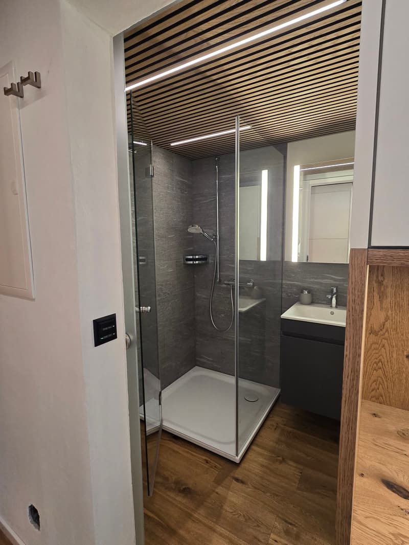 Modern bathroom with glass shower, wooden floor, white walls, mirror, sink, and wooden ceiling