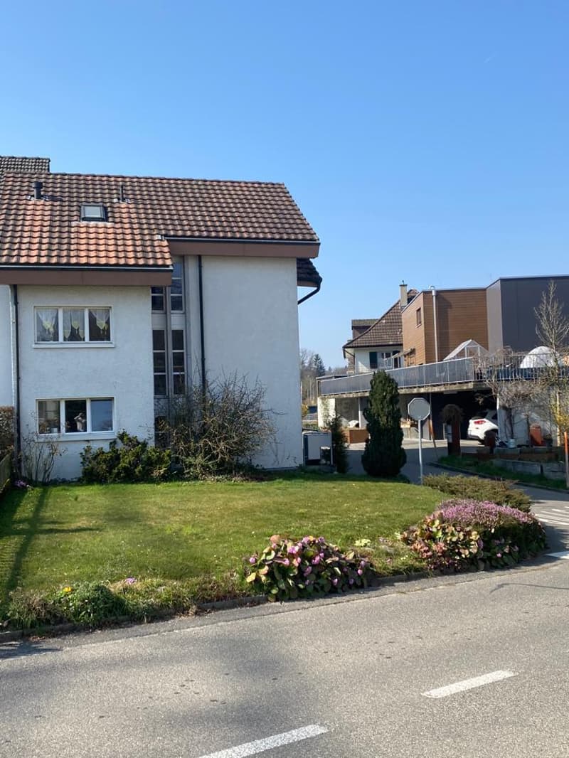 2 story house, brown roof, white walls, windows, garage, garden, street