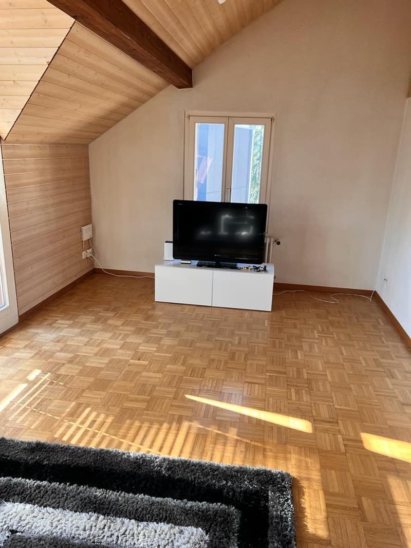 empty room, wooden floor, white walls, wooden ceiling, TV on white stand, double window