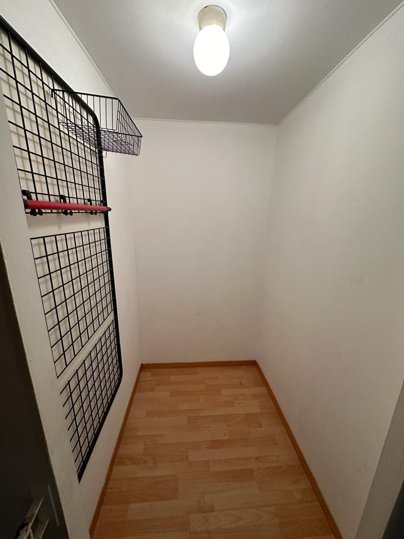 Empty room with wooden floor, white walls, ceiling light, and a metal rack with a basket.