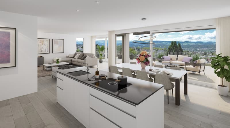 modern kitchen with dining area, large windows, balcony, modern furniture, plants