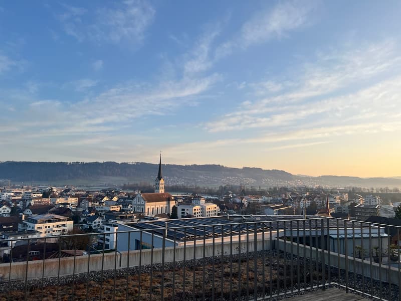 Cityscape with buildings, mountains, and a church in the distance