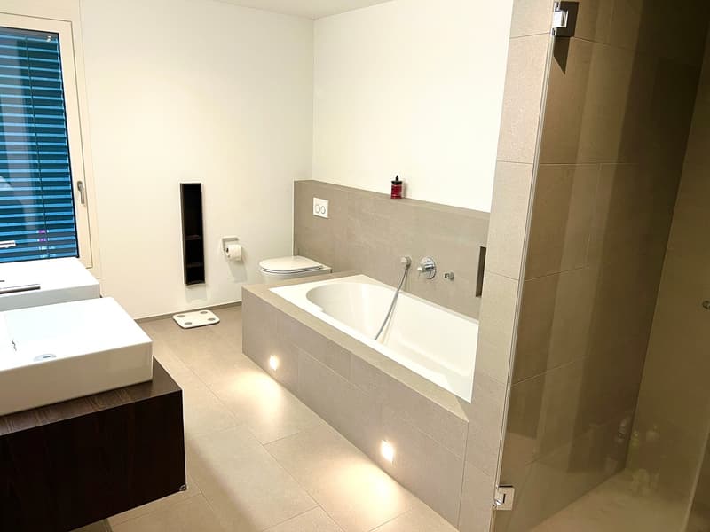 modern bathroom with bathtub, two sinks, toilet, and shower