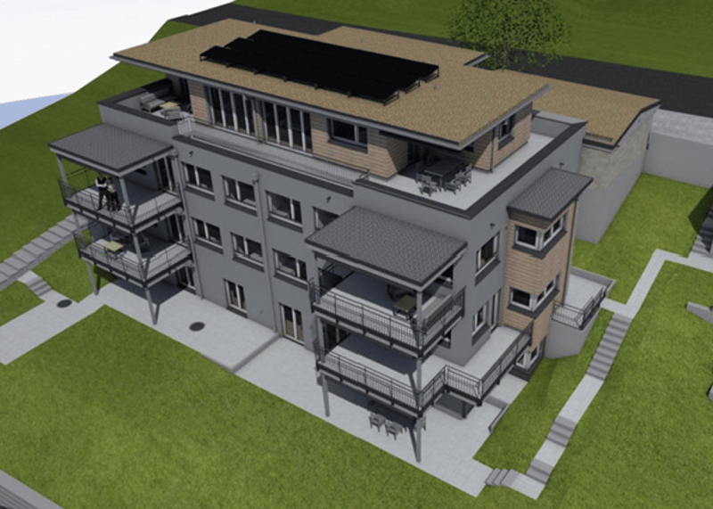 3 story building, multiple balconies, solar panels on the roof