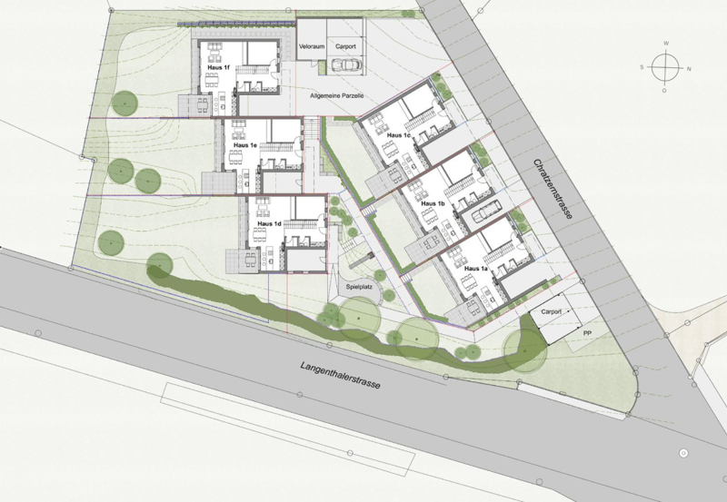 Floor plan showing multiple houses, carports, and a playground.