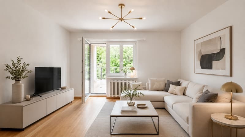 So könnte es aussehen - Dieses Bild wurde mithilfe künstlicher Intelligenz erstellt und zeigt einen unverbindlichen Einrichtungsvorschlag. Raum, Grundriss sowie die Aussicht wurden nicht verändert; lediglich die Möblierung wurde digital ergänzt.