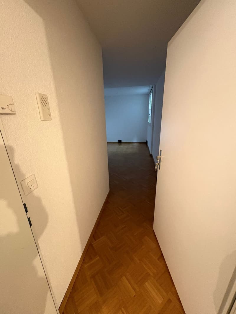 empty hallway, wooden floor, white walls, electrical socket, open doorway