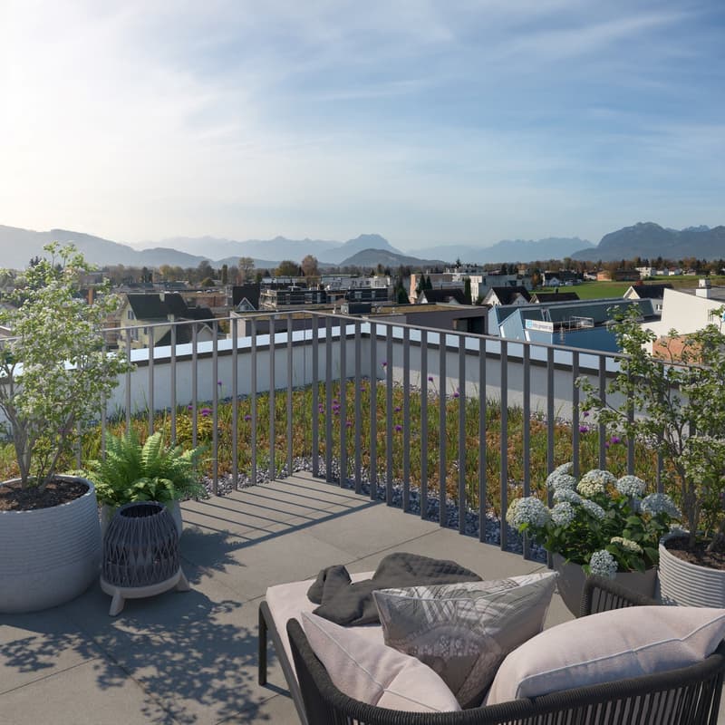 Spacious balcony with a view of the surrounding mountains and cityscape. The balcony features a railing, potted plants, and outdoor furniture including a couch and chairs.