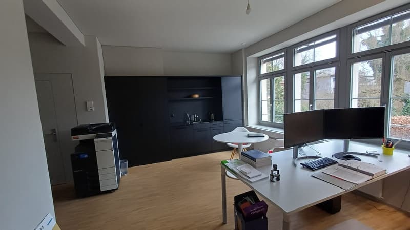 Office room with desk, two monitors, printer, two chairs, cabinets, and large windows