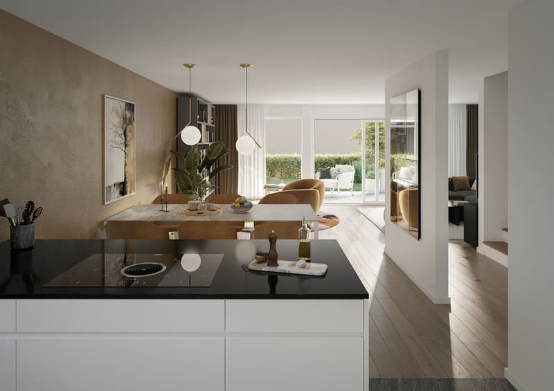 modern kitchen with dining area, large windows, wooden floor, white cabinets, black countertops, induction stove, modern lighting, dining table, chairs, plants, artwork, open living room