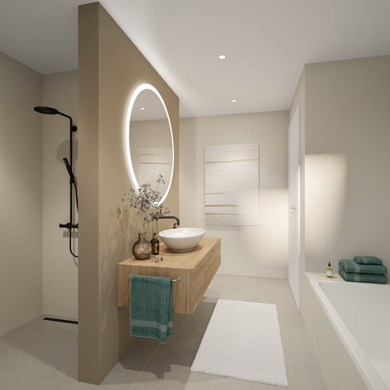 Bathroom with a white sink, wooden countertop, large mirror, bathtub, and a shower with a black showerhead.