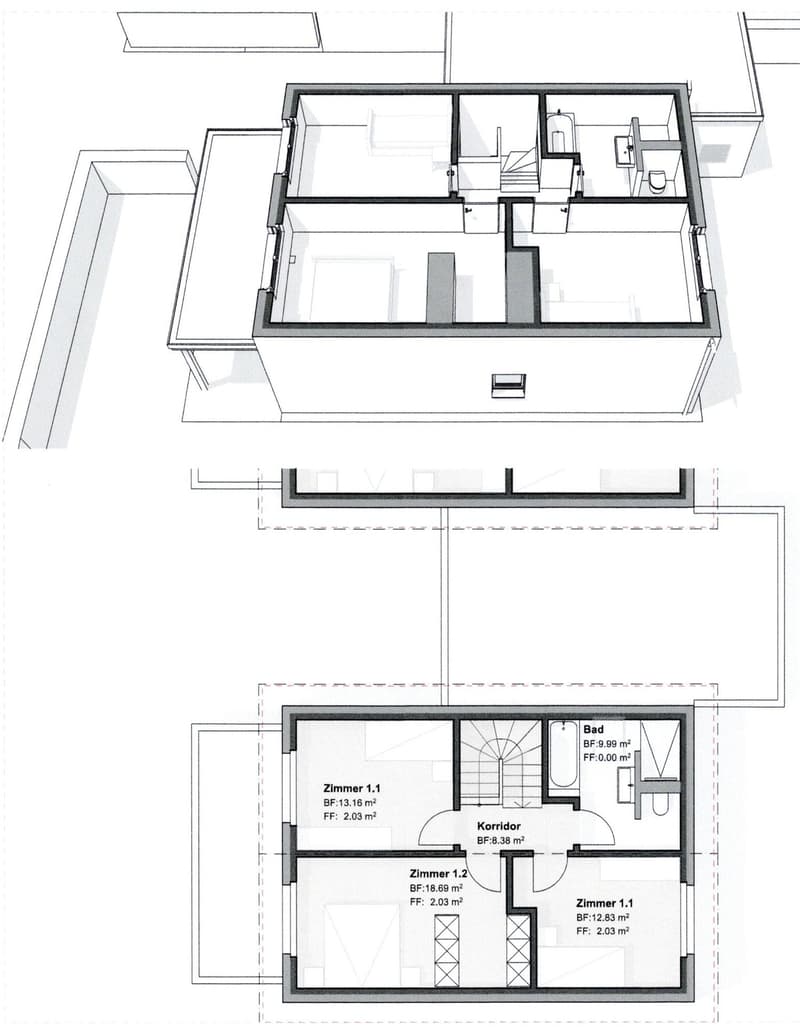 Floor plan with two rooms, a corridor, and a bathroom.