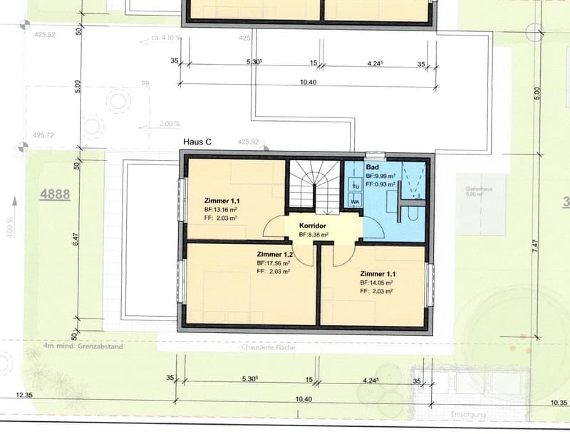 Floor plan with three rooms, a bathroom, and a corridor.