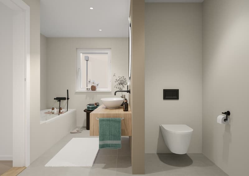 Bathroom with bathtub, sink, toilet, and a window