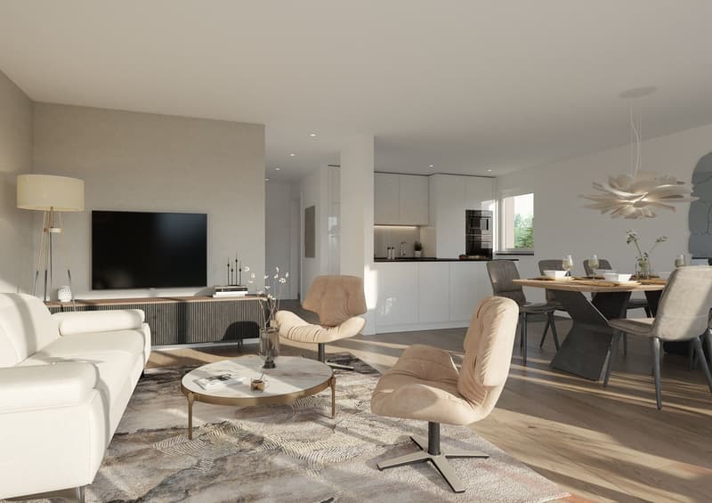 modern living room with white couch, coffee table, TV, armchairs, dining table, kitchen, ceiling lamp, floor lamp