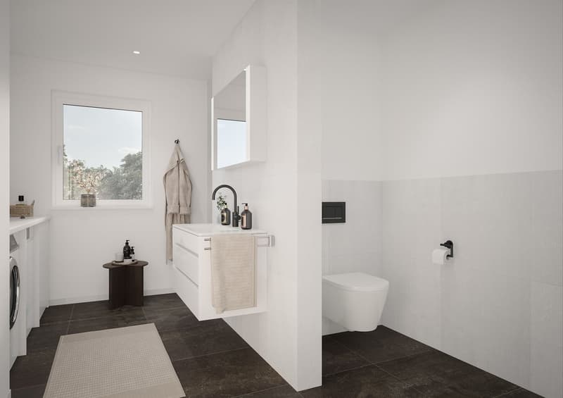 modern bathroom, white walls, black tiled floor, white sink, white toilet, white washing machine, window, towel rack