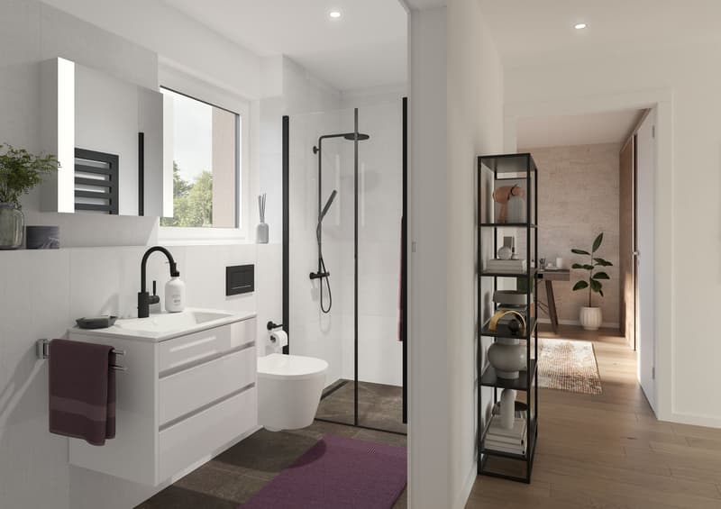 modern bathroom with white tiles, glass shower, white vanity, toilet, towel rack, and a window