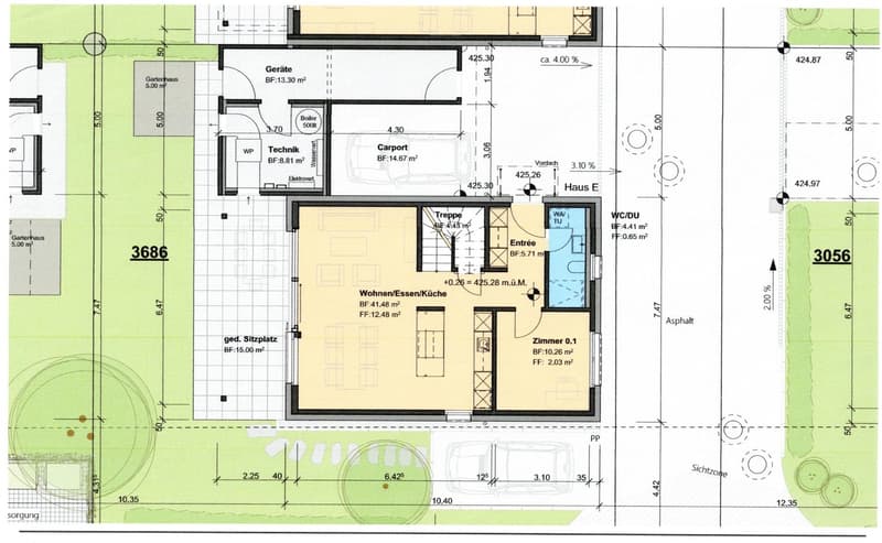 Living room, kitchen, 2 bedrooms, 2 bathrooms, balcony, carport, entrance, storage room, WC/DU, terrace