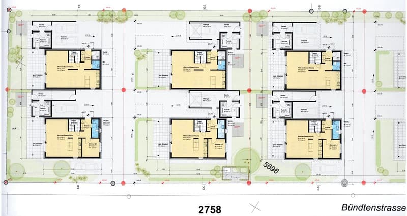 6 units, each with living room, kitchen, 2 bedrooms, 2 bathrooms, balcony