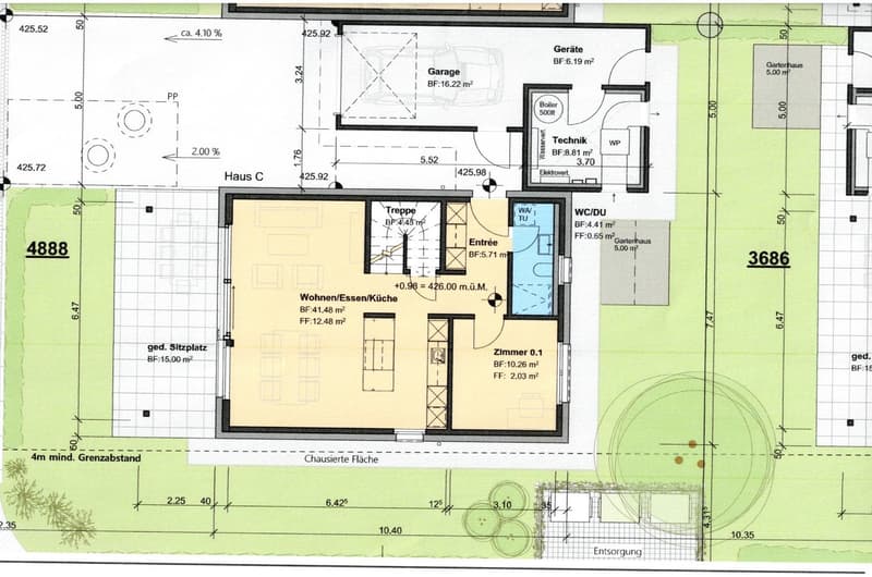 Living/Dining room, Kitchen, 2 bedrooms, 2 bathrooms, terrace, garage, boiler room, technical room, entrance, water closet, storage room