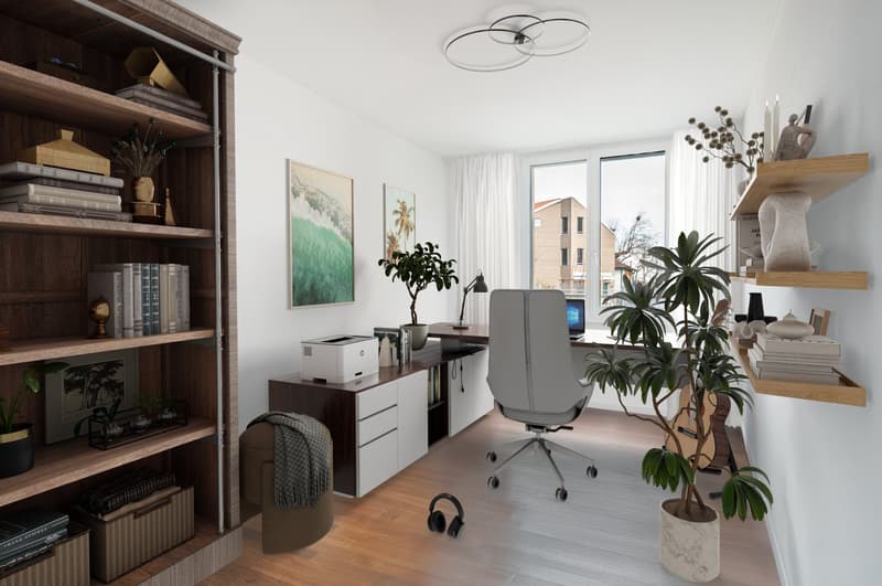 office room with desk, chair, printer, bookshelves, plants, window, curtains, picture, guitar