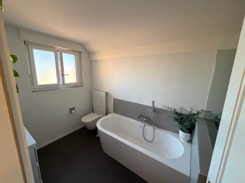 modern clean white bathroom with bathtub, white toilet, window, potted plant, tiled floor, faucet, drain