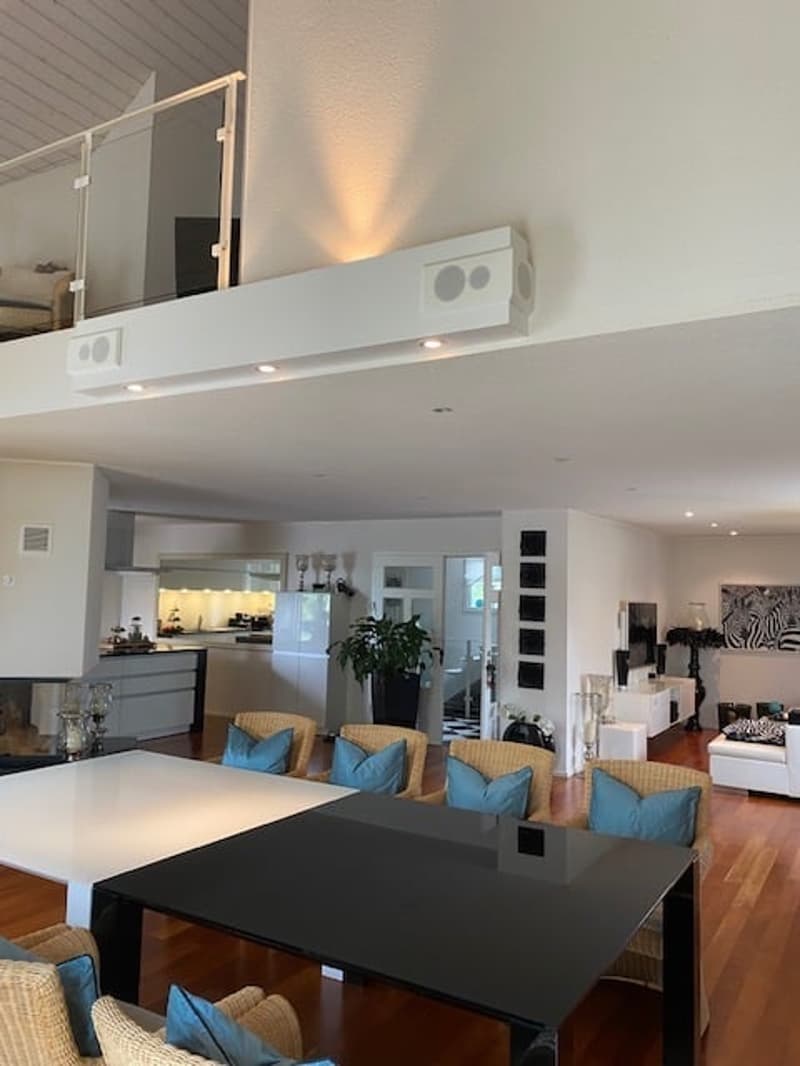 Open floor plan with modern furniture, dining table, living room with chairs, balcony, kitchen area, fireplace