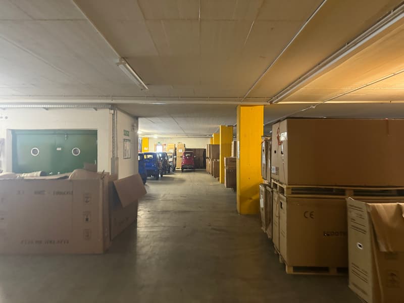 Empty parking space, with a few cars parked, numerous storage boxes and columns on both sides.