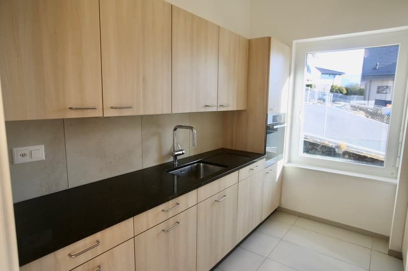 kitchen, wooden cabinets, granite countertops, stainless steel sink, faucet, electrical outlet, built-in oven, large window