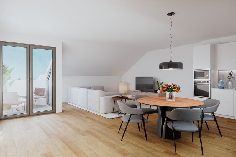 modern living room with white furniture, wooden floor, white ceiling, large sliding door to balcony, TV on wall, dining table, dining chairs, flower vase