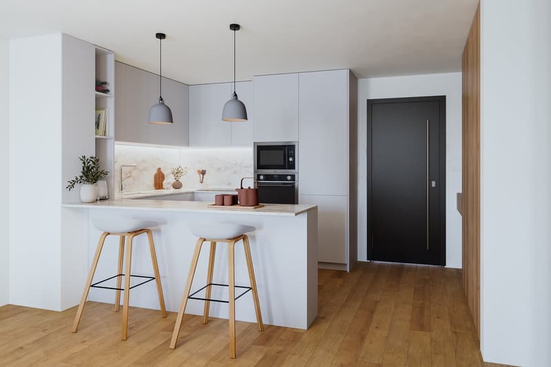 modern kitchen, white countertops, 2 bar stools, white cupboards, microwave, gas stove
