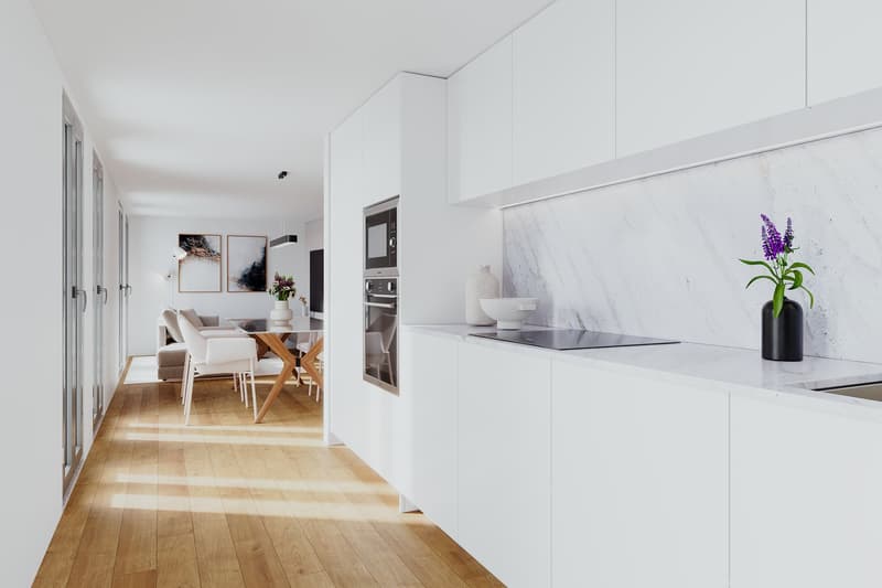 open kitchen, dining room, white cabinets, marble countertop, white floor, table, chairs, microwave, vase, flowers, dining table