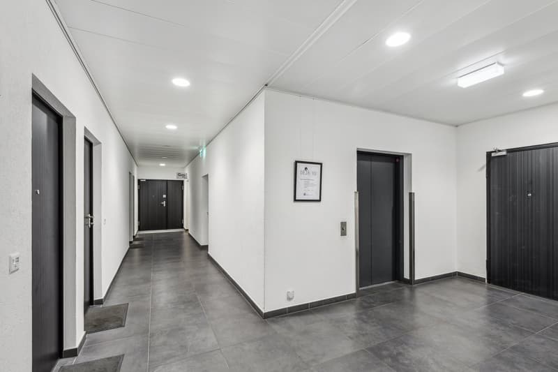 The image shows a long, well-lit hallway with white walls and a gray tile floor. The hallway has several doors leading to different rooms, and there is a framed artwork hanging on the wall. The lighting fixtures on the ceiling provide a bright and modern