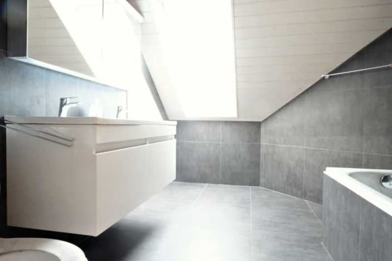 grey walls, white vanity, large mirror, toilet, bathtub, shower
