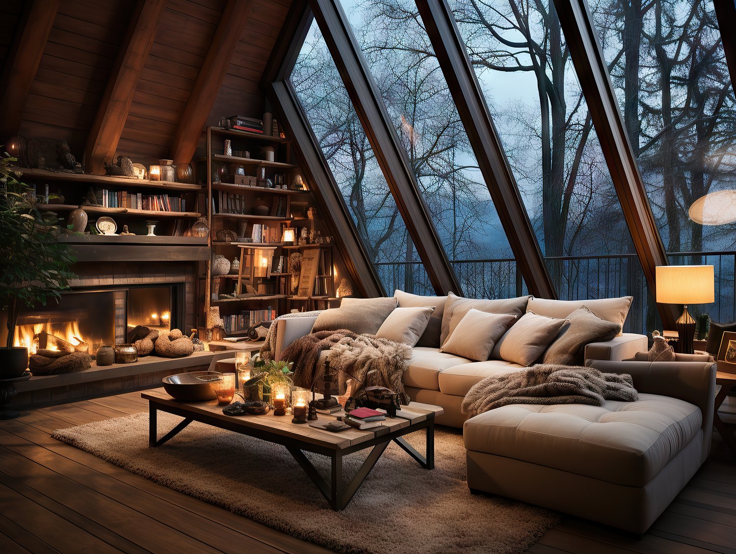wooden flooring, cozy atmosphere, large couch, fireplace, large window, coffee table, bookshelves, lamp, rug