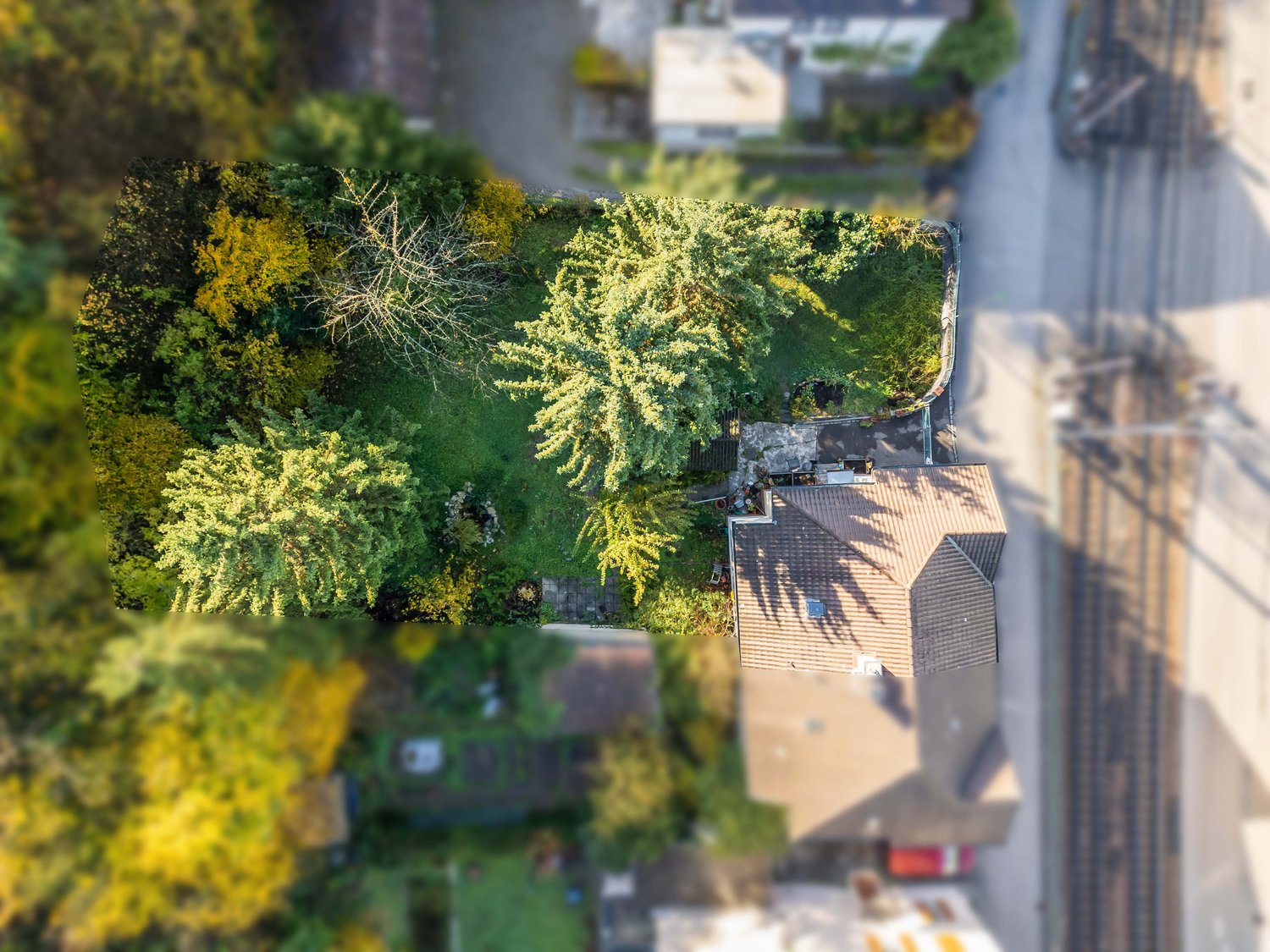 Aerial view of a house with garden in the autumn with yellow and green leaves. Trees and grass.