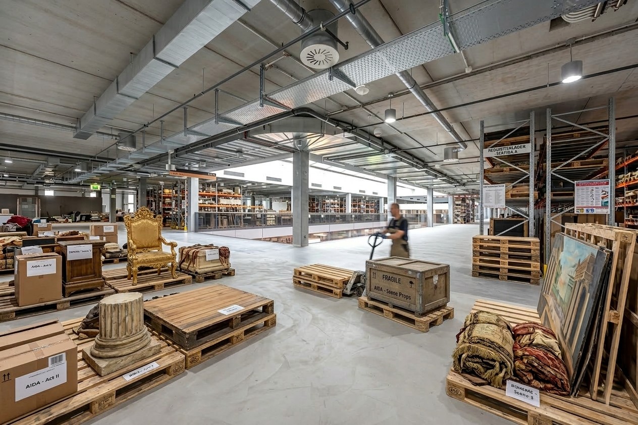 large warehouse with many wooden pallets, boxes, and items, a person using a pallet jack, high ceilings, metal beams, and lighting