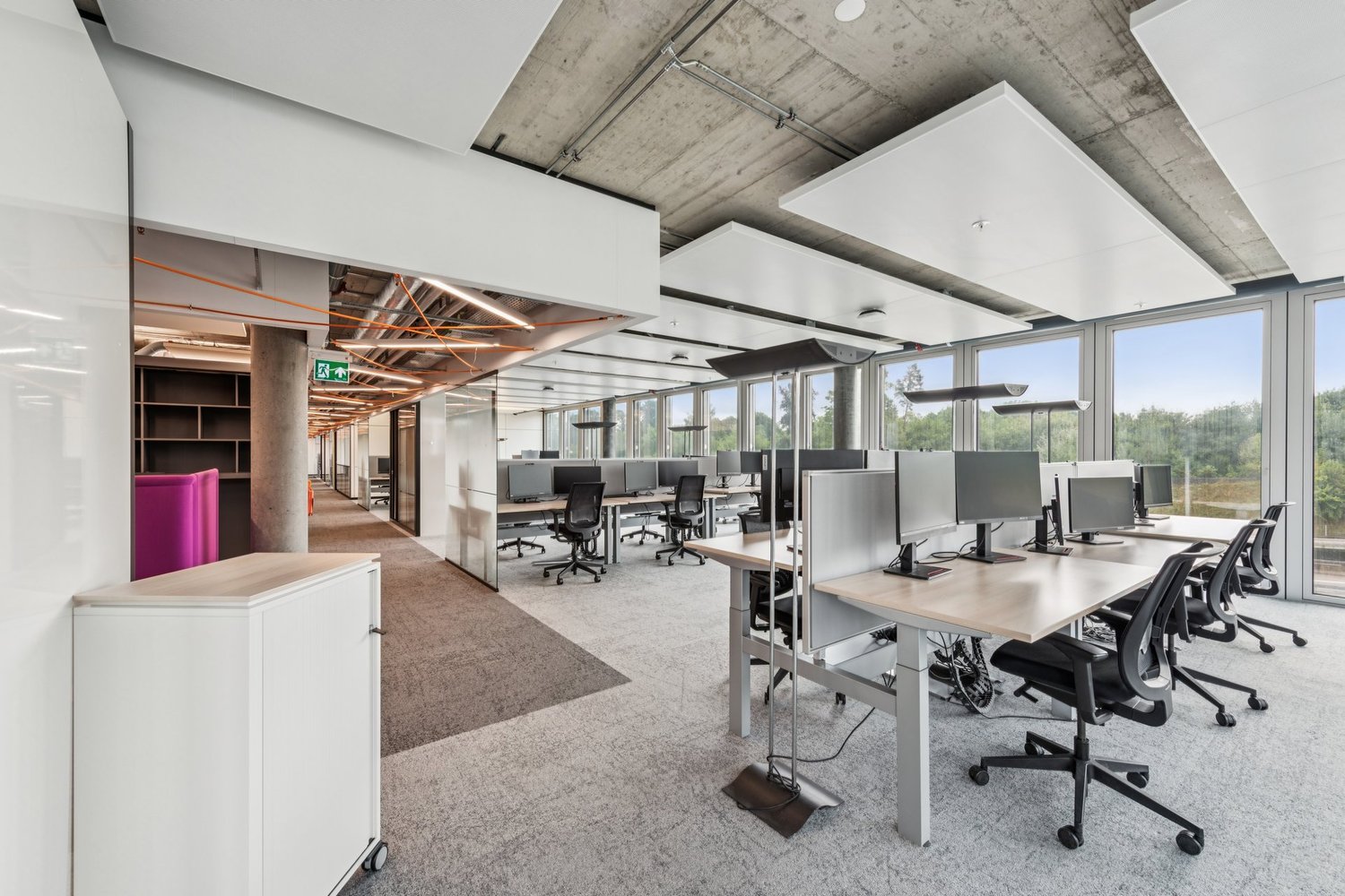 Modern office layout, desks, chairs, white walls, ceiling panels, windows, carpeted floor, exterior view, bookshelves, pink storage bin.
