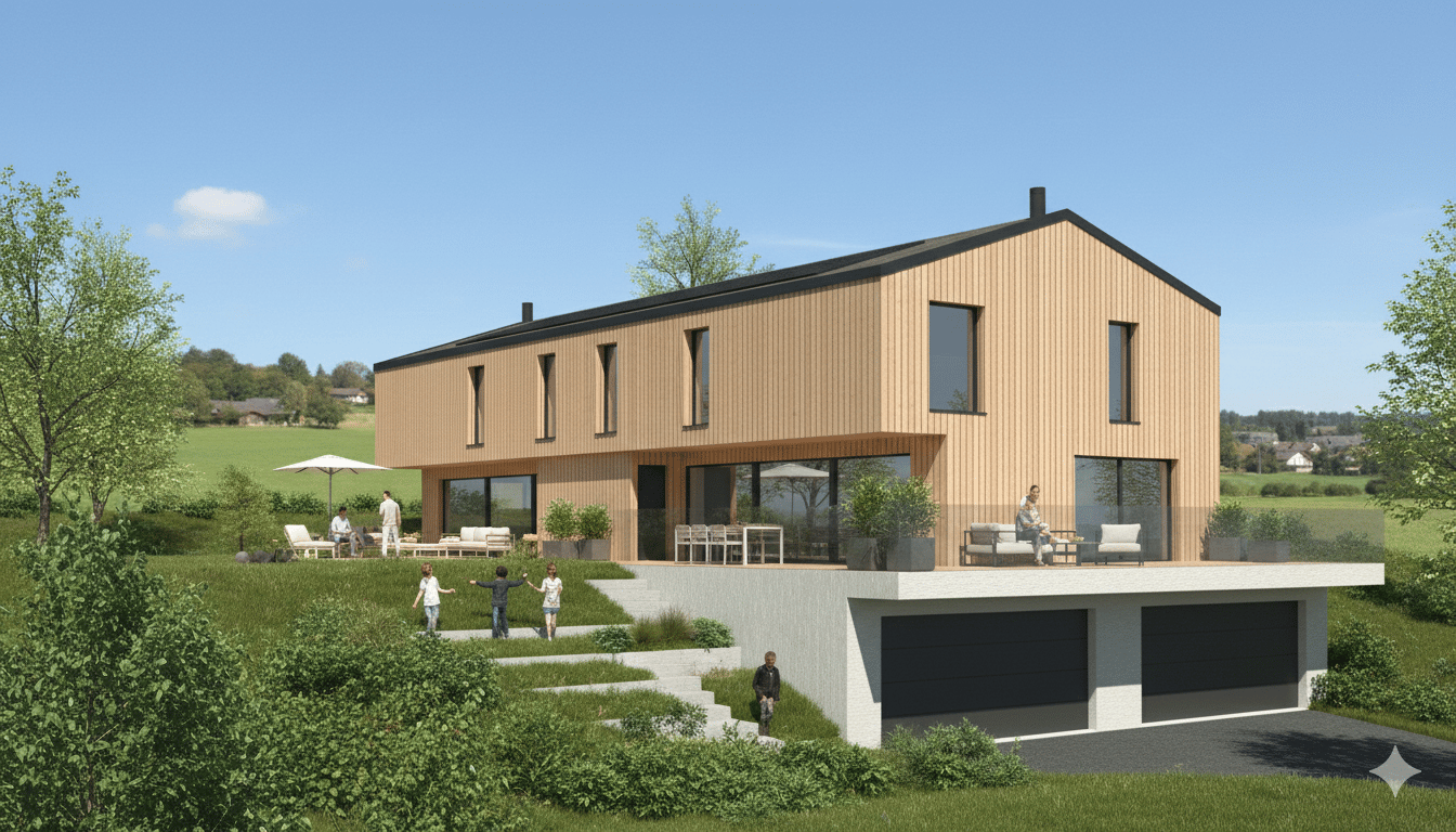 modern two-story house, wooden exterior, glass windows, balcony, garage, raised ground floor