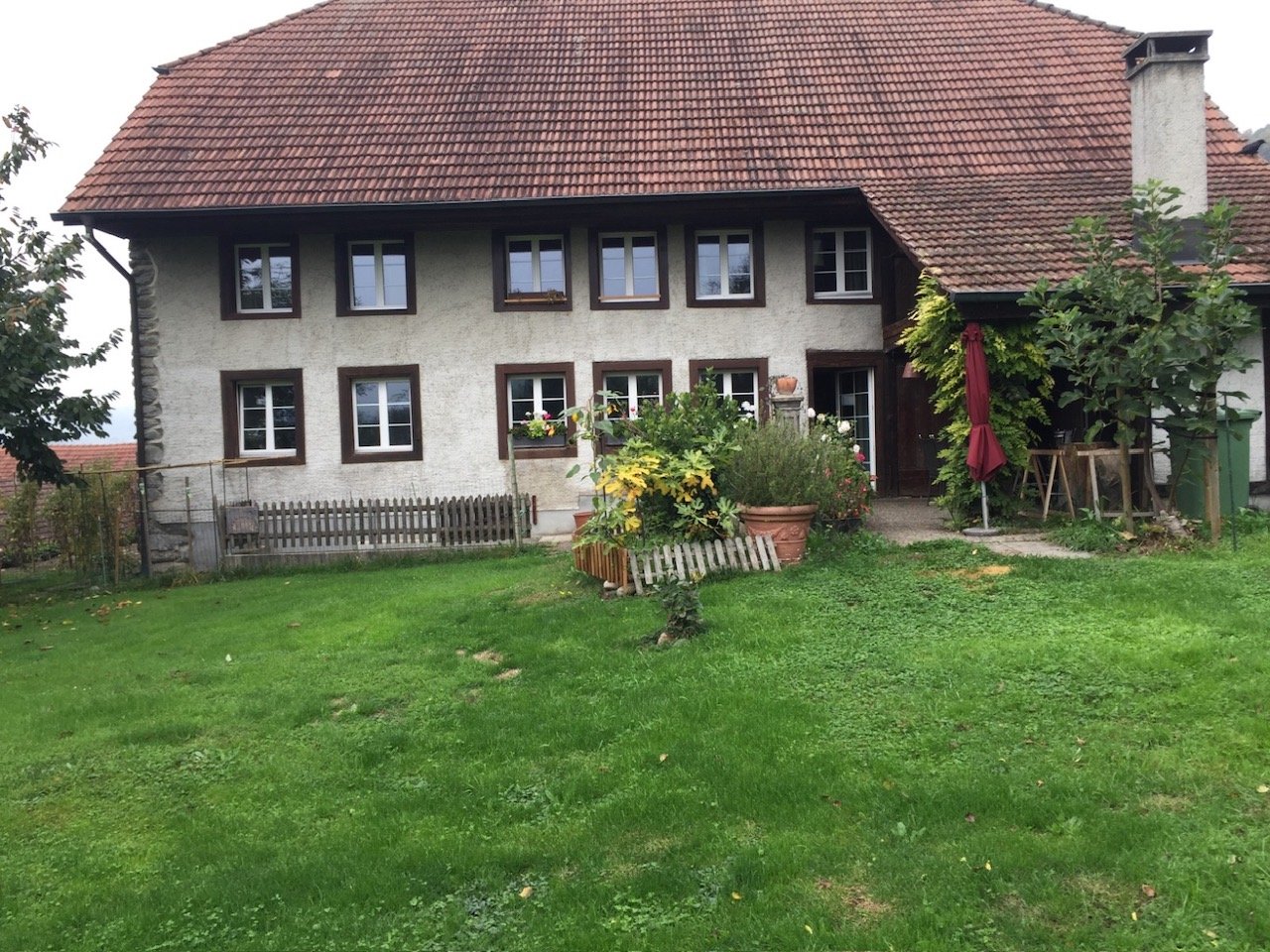white stucco house, brown tiled roof, many windows, plants, lawn