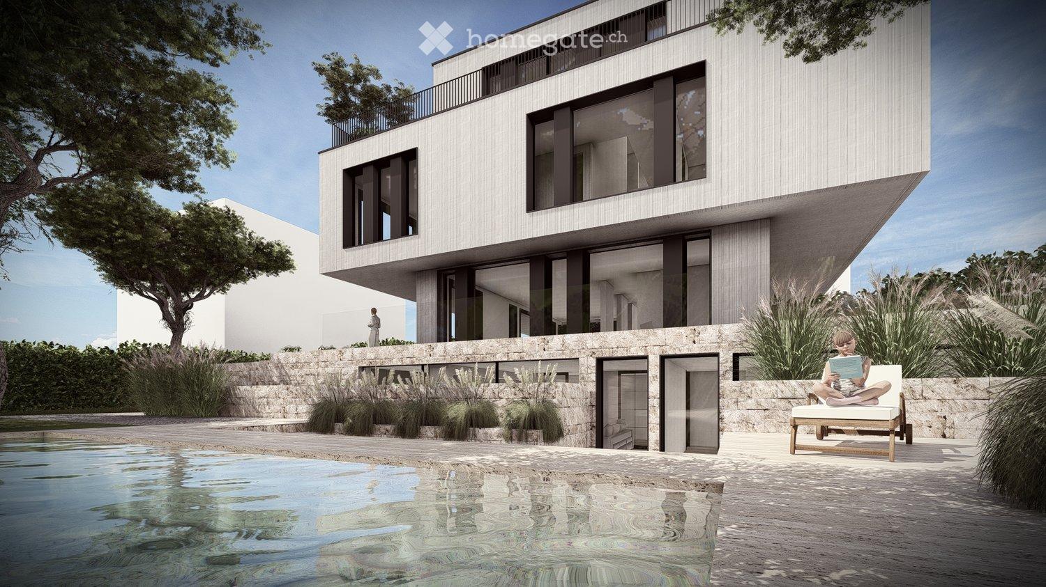 modern two-story house, white exterior, glass windows, stone wall, swimming pool, wooden terrace, woman sitting