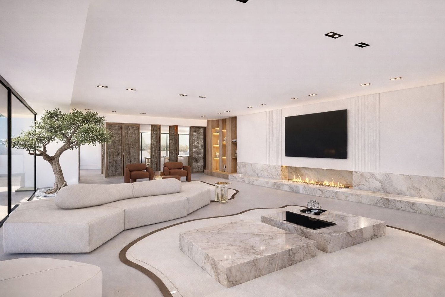 large fireplace, sectional sofa, center tables, armchairs, flatscreen TV